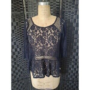 Hollister Lace Peplum Top Navy Blue Size Large Y2K Fairy Goth Floral Babydoll